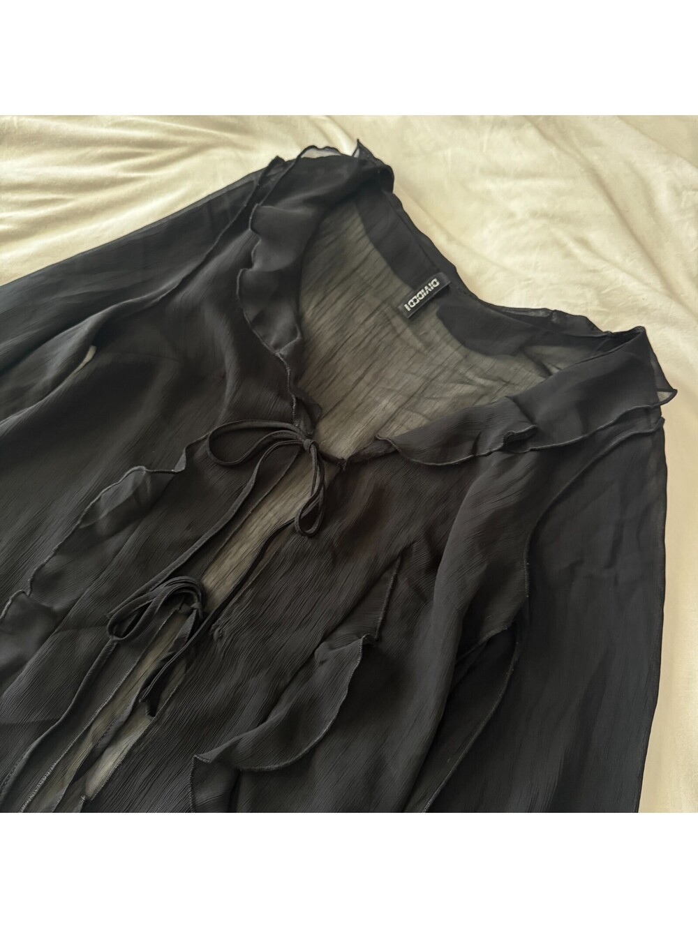 Black Flounce-trimmed Chiffon Sheer Top, S Whimsigoth Fairy Grunge Dark Romantic